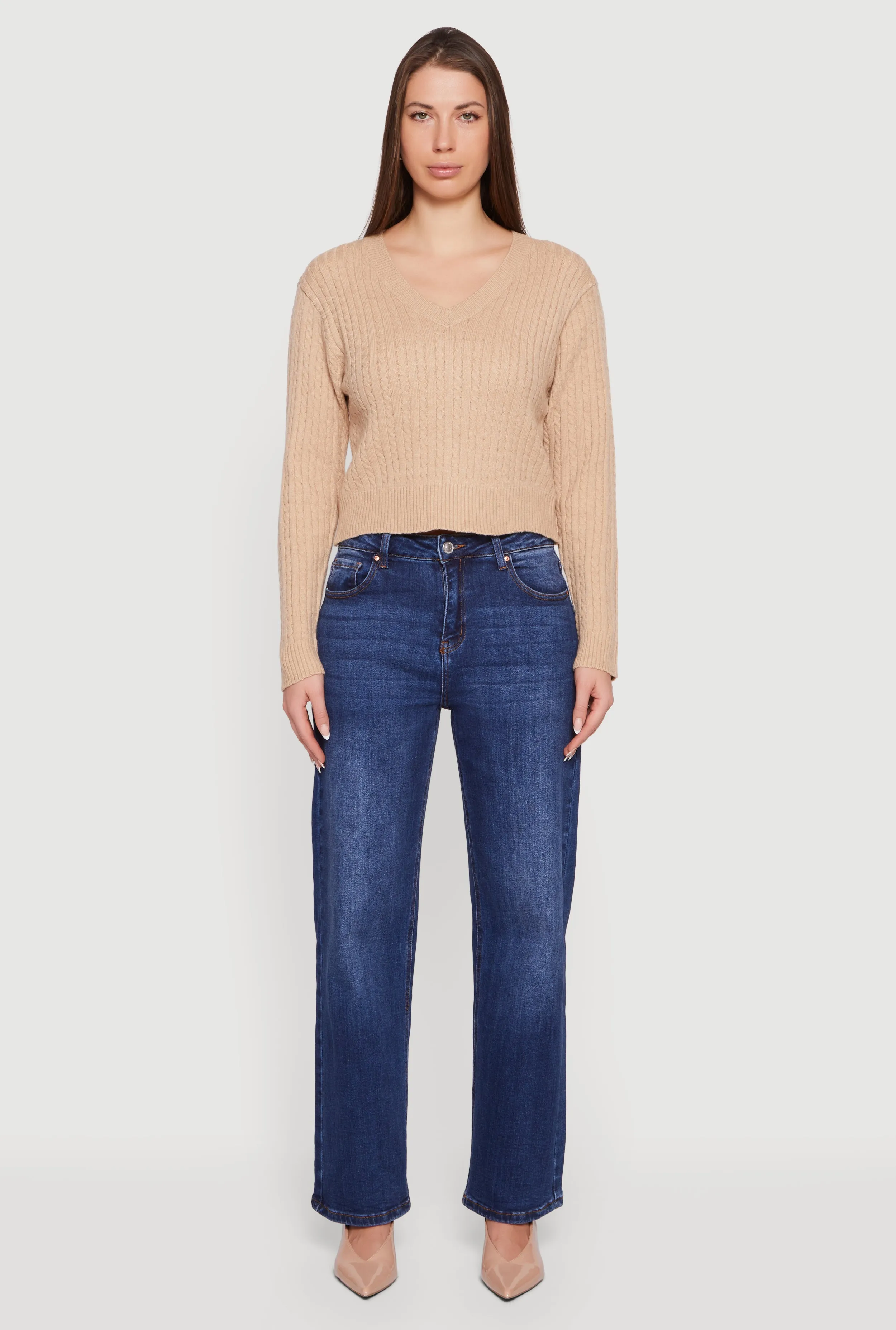 Cable Knit V-Neck Long Sleeve Cropped Sweater sold by Rainbow product image thumbnail 3