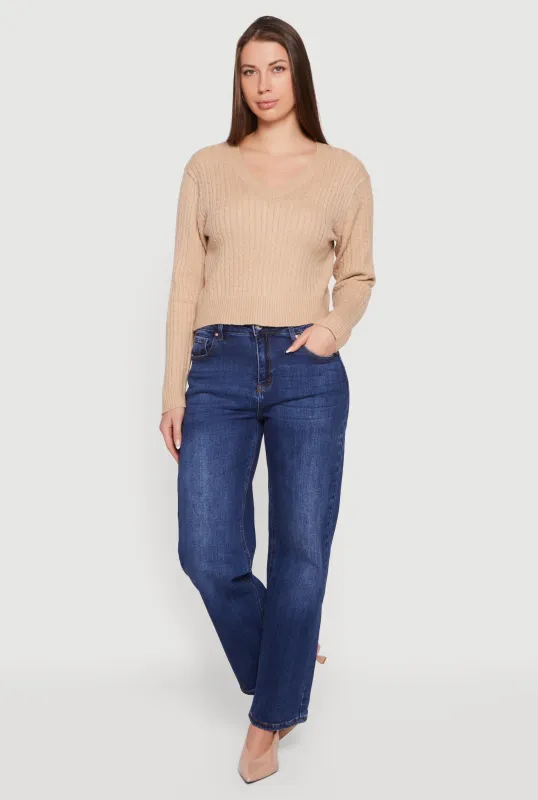Cable Knit V-Neck Long Sleeve Cropped Sweater sold by Rainbow