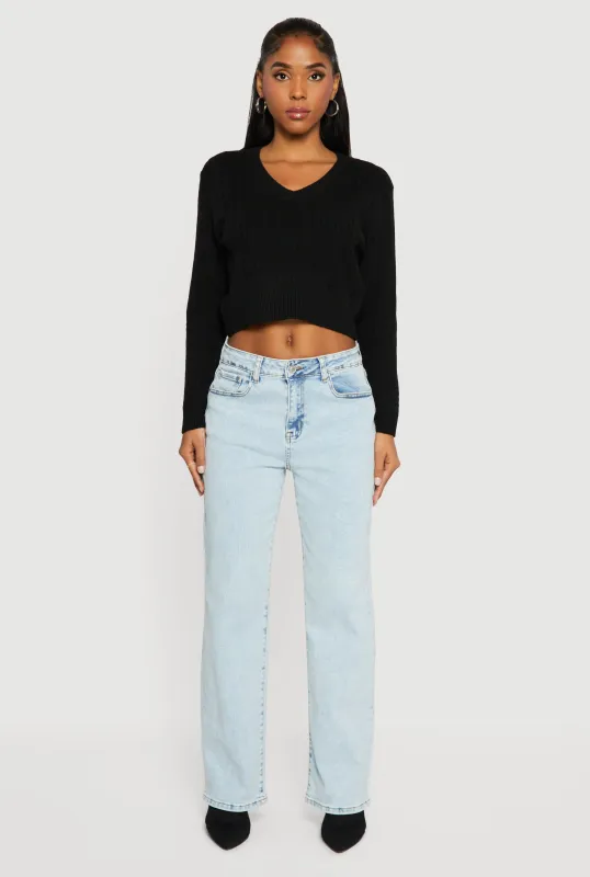 Cable Knit V-Neck Long Sleeve Cropped Sweater sold by Rainbow