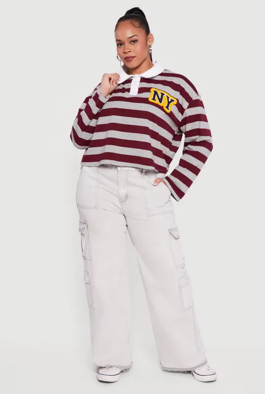 Plus Size Striped NY Patch Graphic Polo Shirt made by Rainbow