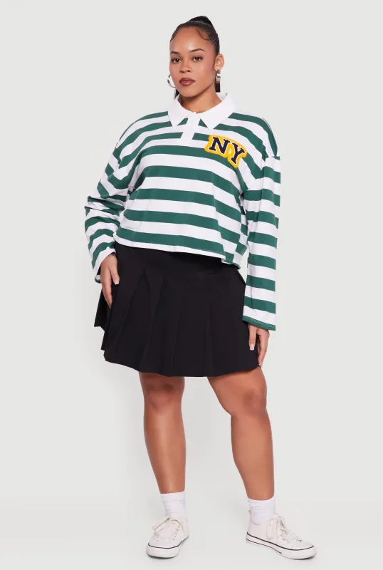 Plus Size Striped NY Patch Graphic Polo Shirt made by Rainbow