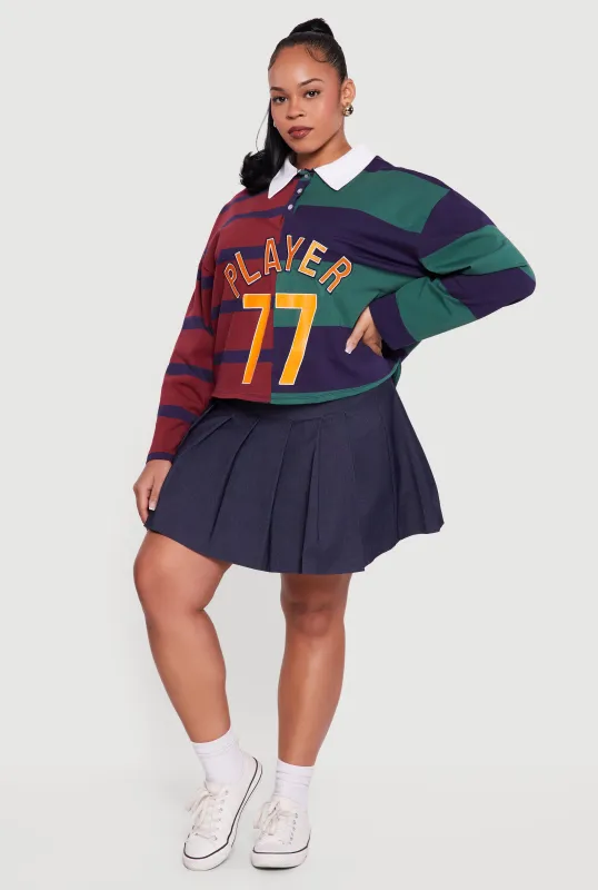 Plus Size Color Blocked Striped Player Graphic Polo Tee made by Rainbow