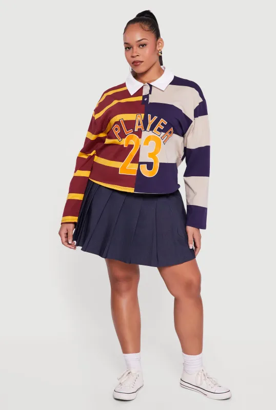 Plus Size Color Blocked Striped Player Graphic Polo Tee made by Rainbow