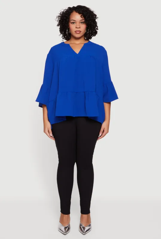 Plus Size Notch Neck Peplum Top sold by Rainbow