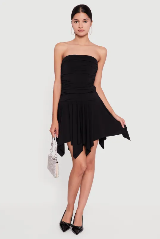 Strapless Ruched Dress with Handkerchief Hem sold by Rainbow