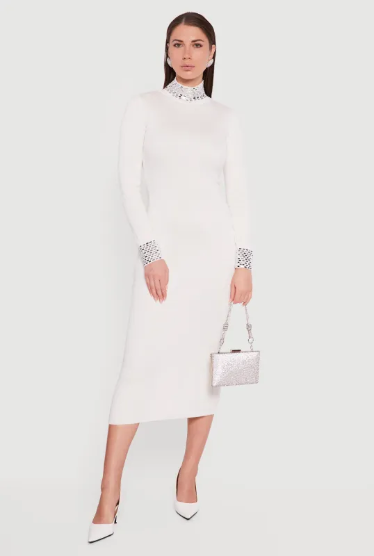 Rhinestone Detail Mock Neck Midi Sweater Dress sold by Rainbow