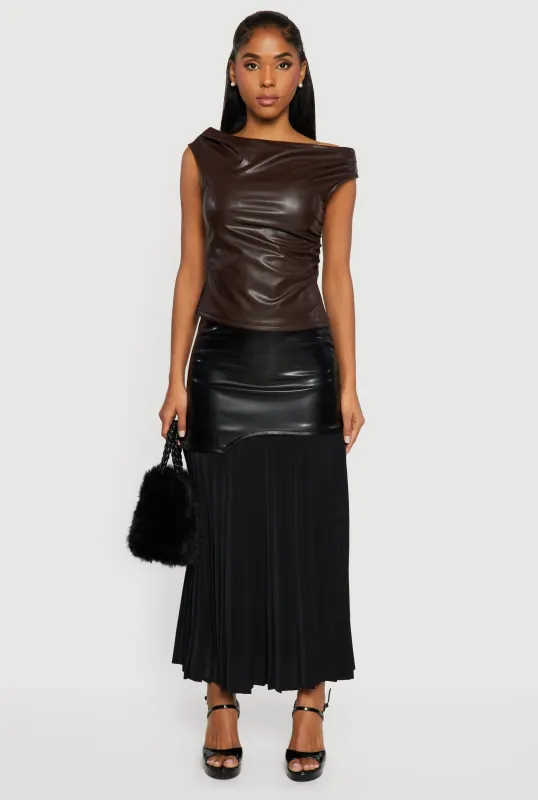 Asymmetrical Faux Leather Drop Waist Pleated Skirt sold by Rainbow