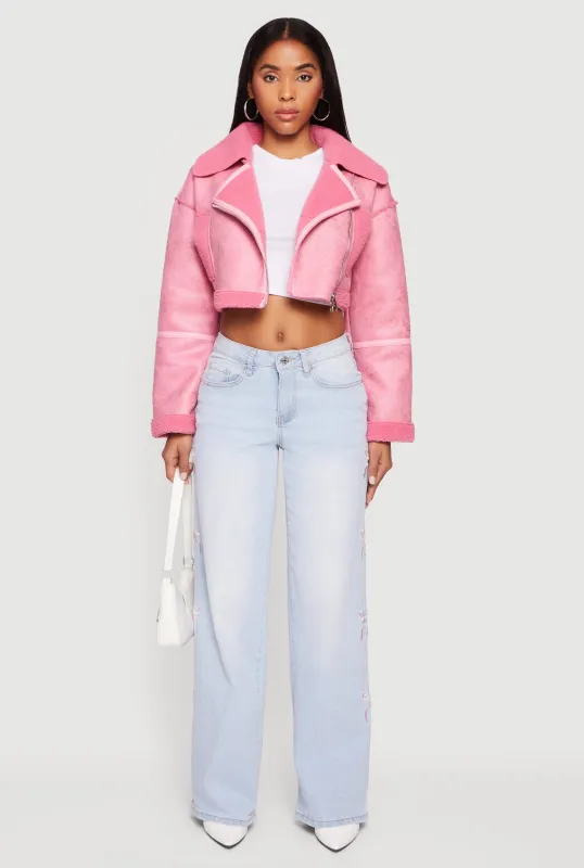 Faux Suede Sherpa Lined Cropped Moto Jacket sold by Rainbow