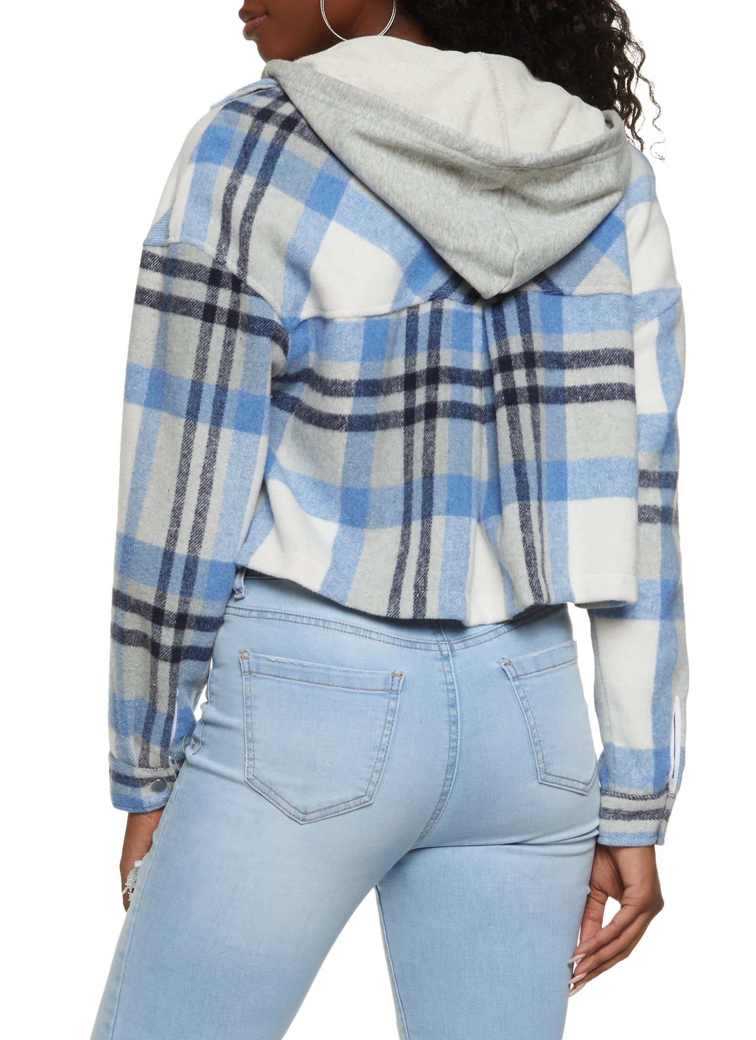 Plaid Cropped Button Front Hooded Shacket sold by Rainbow product image thumbnail 3