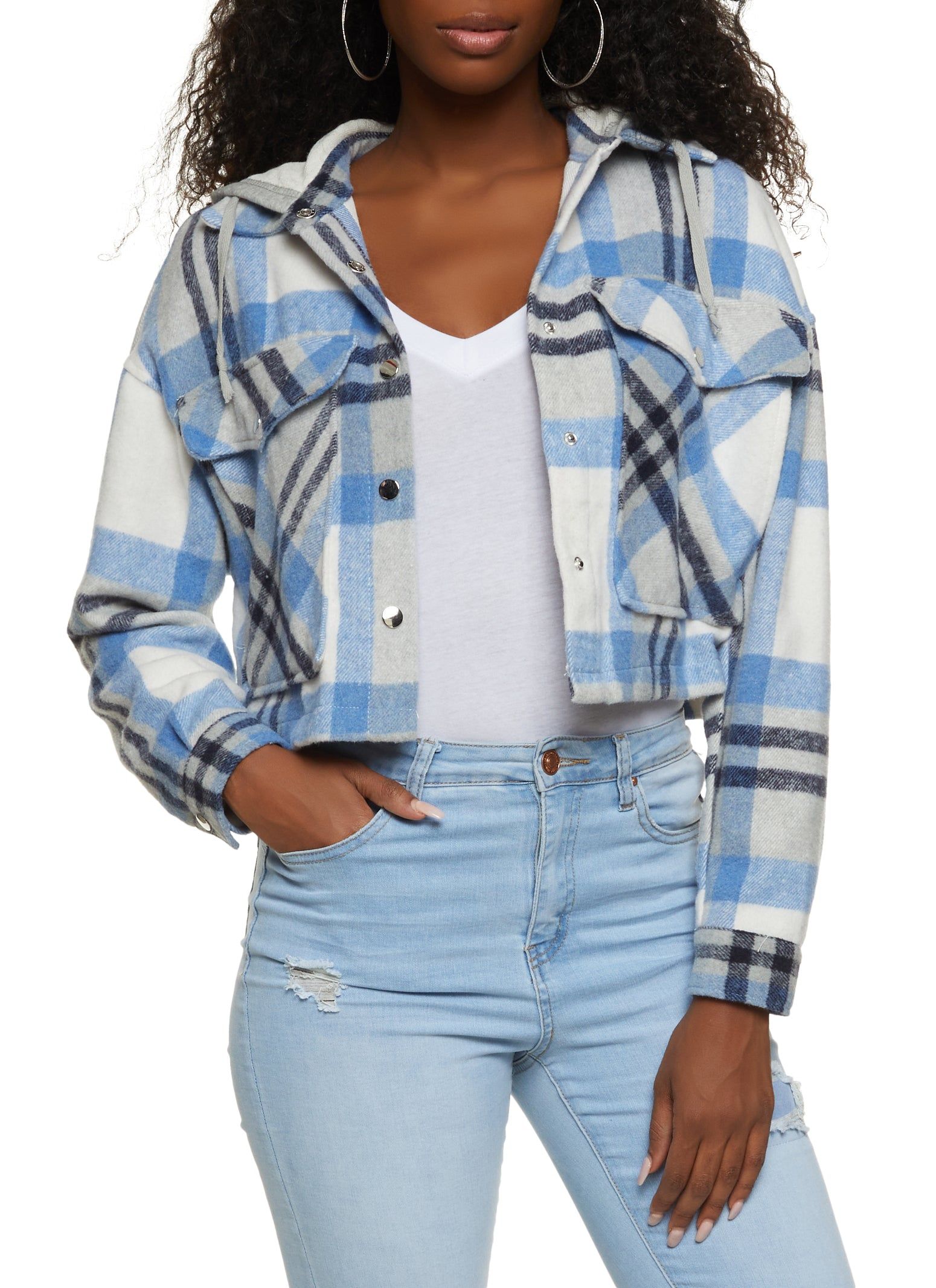 Plaid Cropped Button Front Hooded Shacket sold by Rainbow