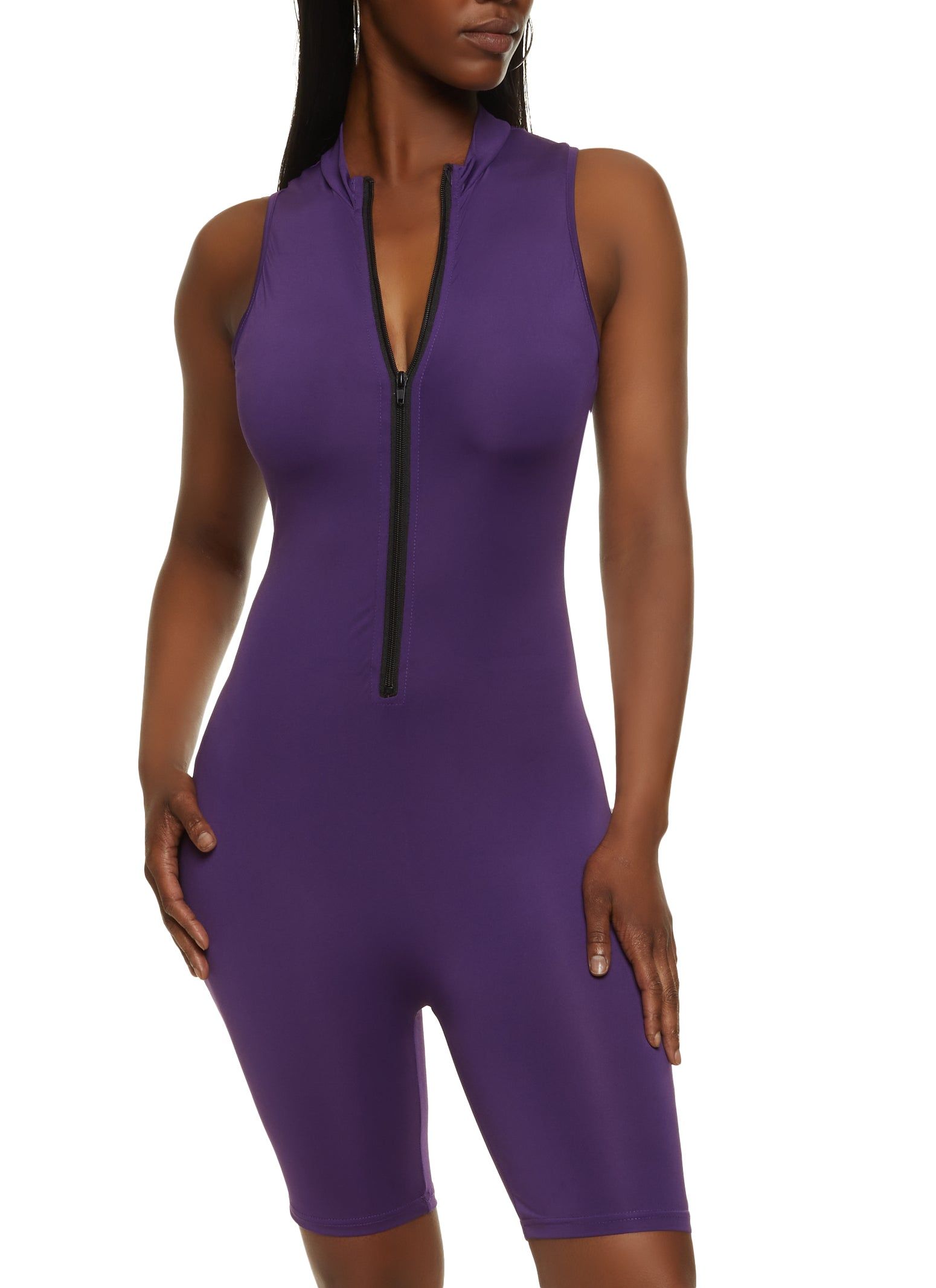 Zip Front Mock Neck Biker Romper sold by Rainbow