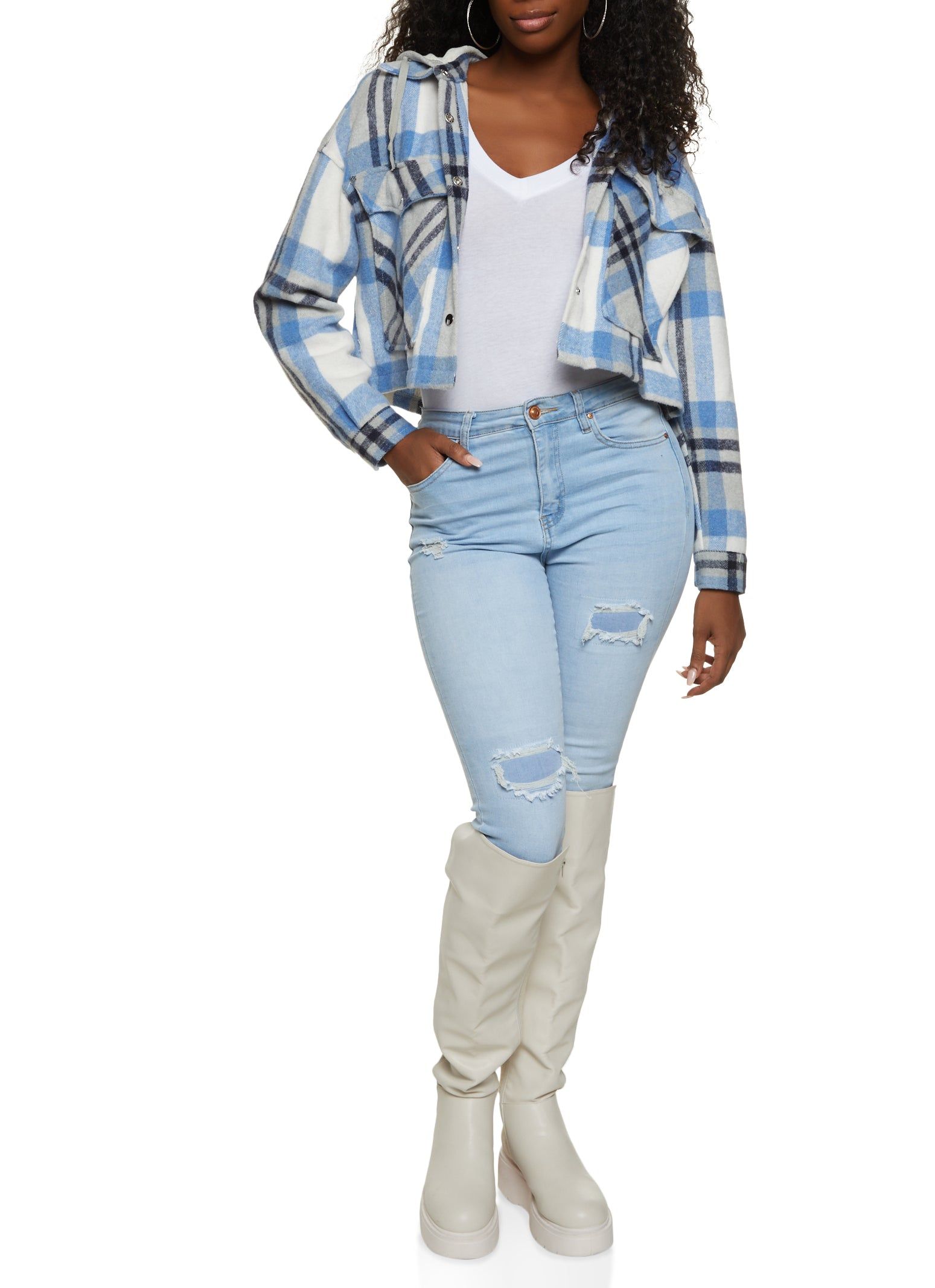 Plaid Cropped Button Front Hooded Shacket sold by Rainbow product image thumbnail 2