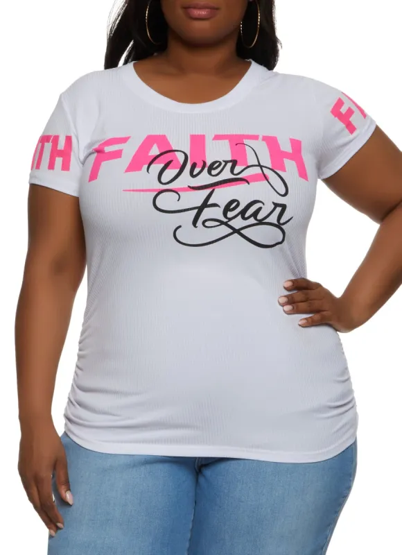 Plus Size Faith Over Fear Ruched Graphic Tee sold by Rainbow