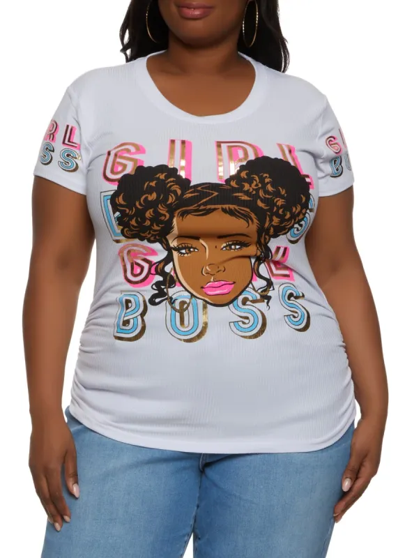 Plus Size Girl Boss Foil Screen Ruched Graphic Tee sold by Rainbow