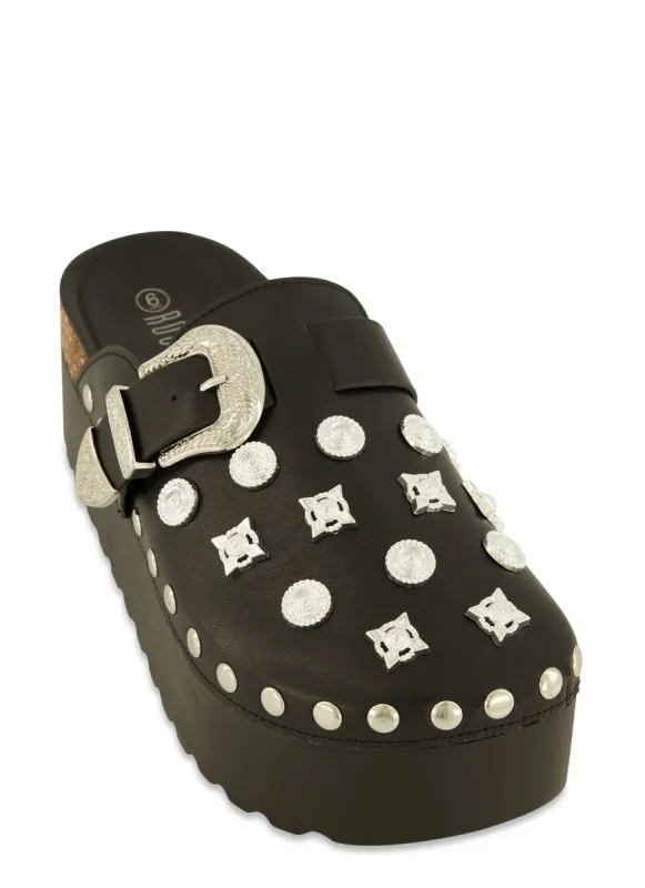 Studded Charm Buckle Round Toe Platform Clogs sold by Rainbow