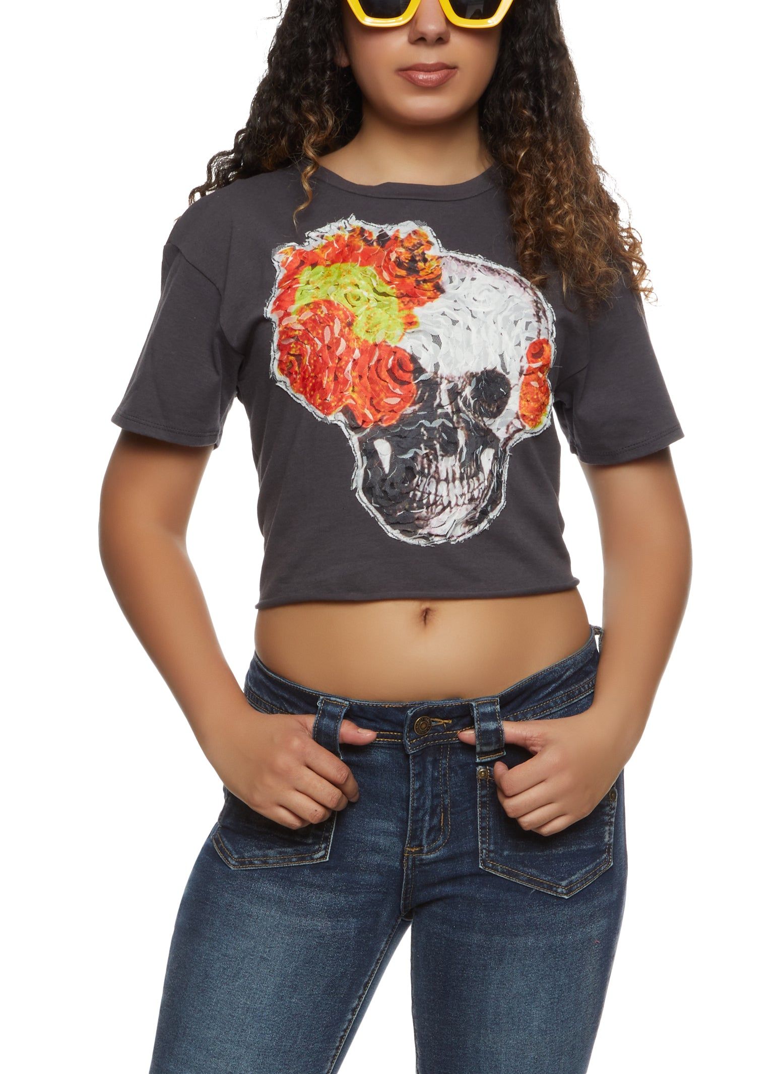 Skull Patch Cropped Graphic Tee sold by Rainbow