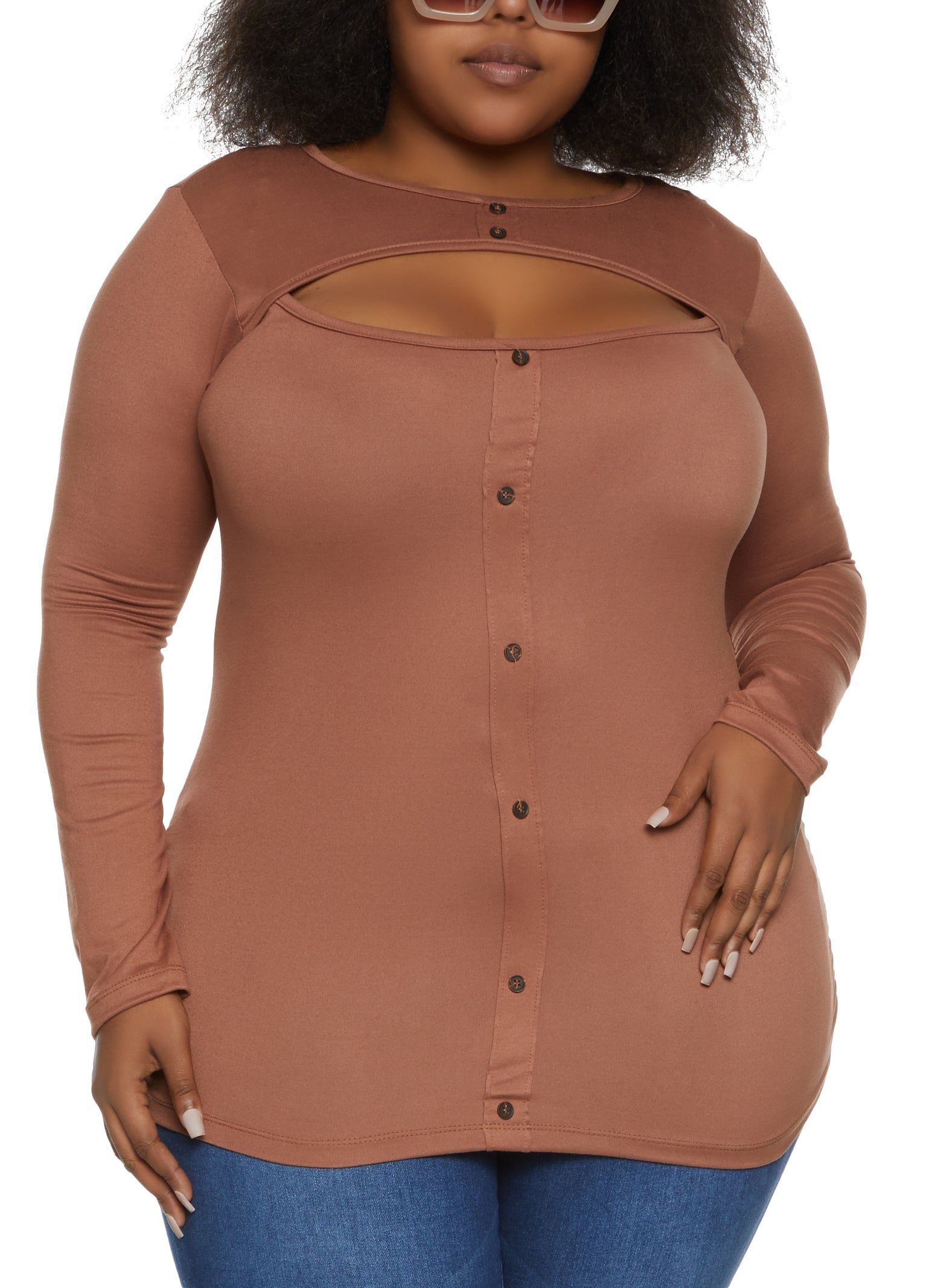 Plus Size Button Detail Cut Out Long Sleeve Top sold by Rainbow