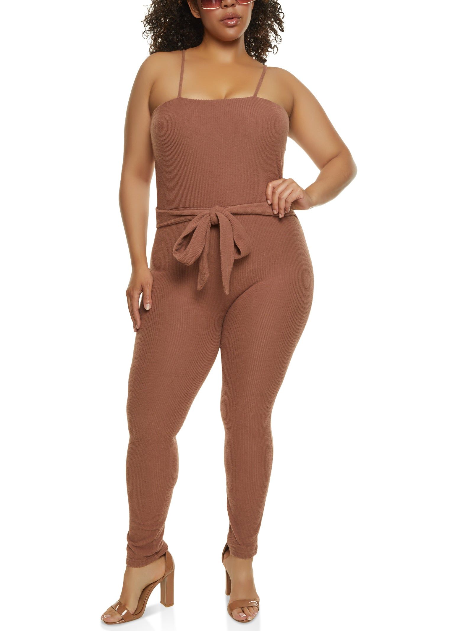 Plus Size Brushed Ribbed Knit Tie Waist Jumpsuit sold by Rainbow