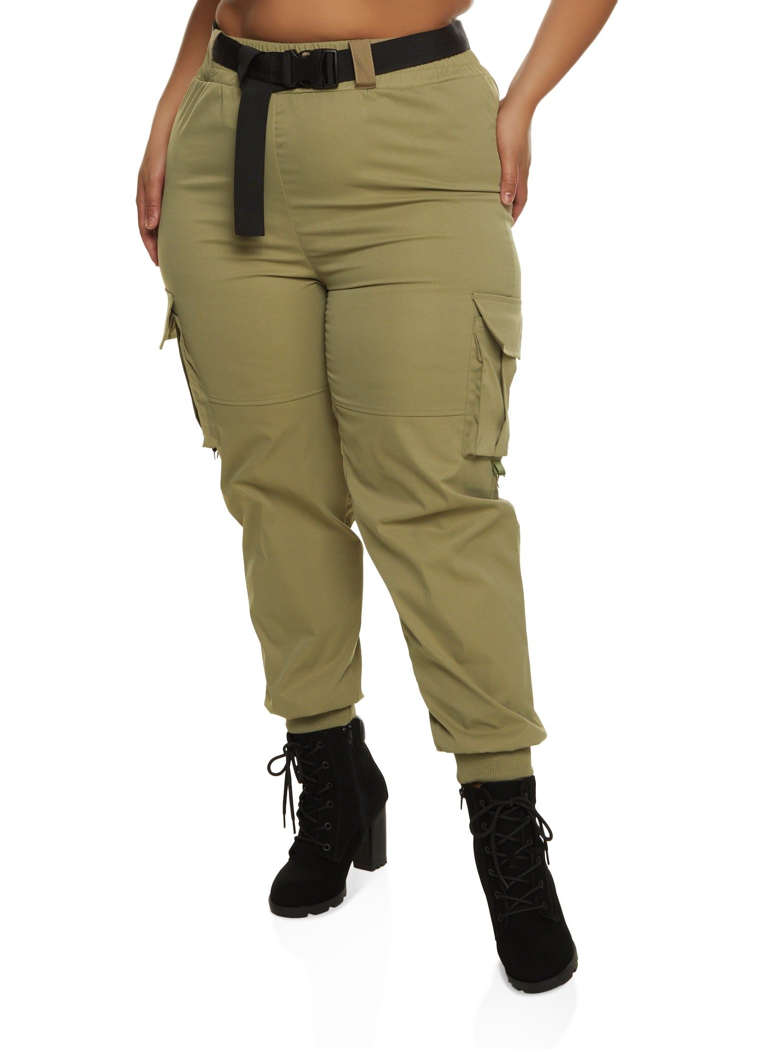 Plus Size Belted High Waist Cargo Joggers sold by Rainbow