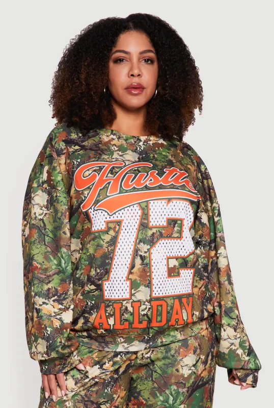 Plus Size Hustle 72 Graphic Hunter Camo Pullover Top sold by Rainbow
