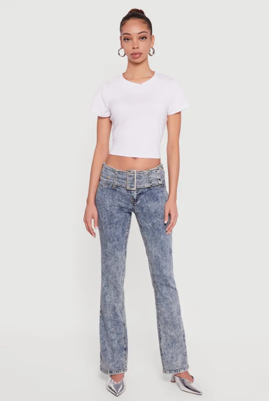 Rhinestone Belted Front Boot Cut Jeans sold by Rainbow