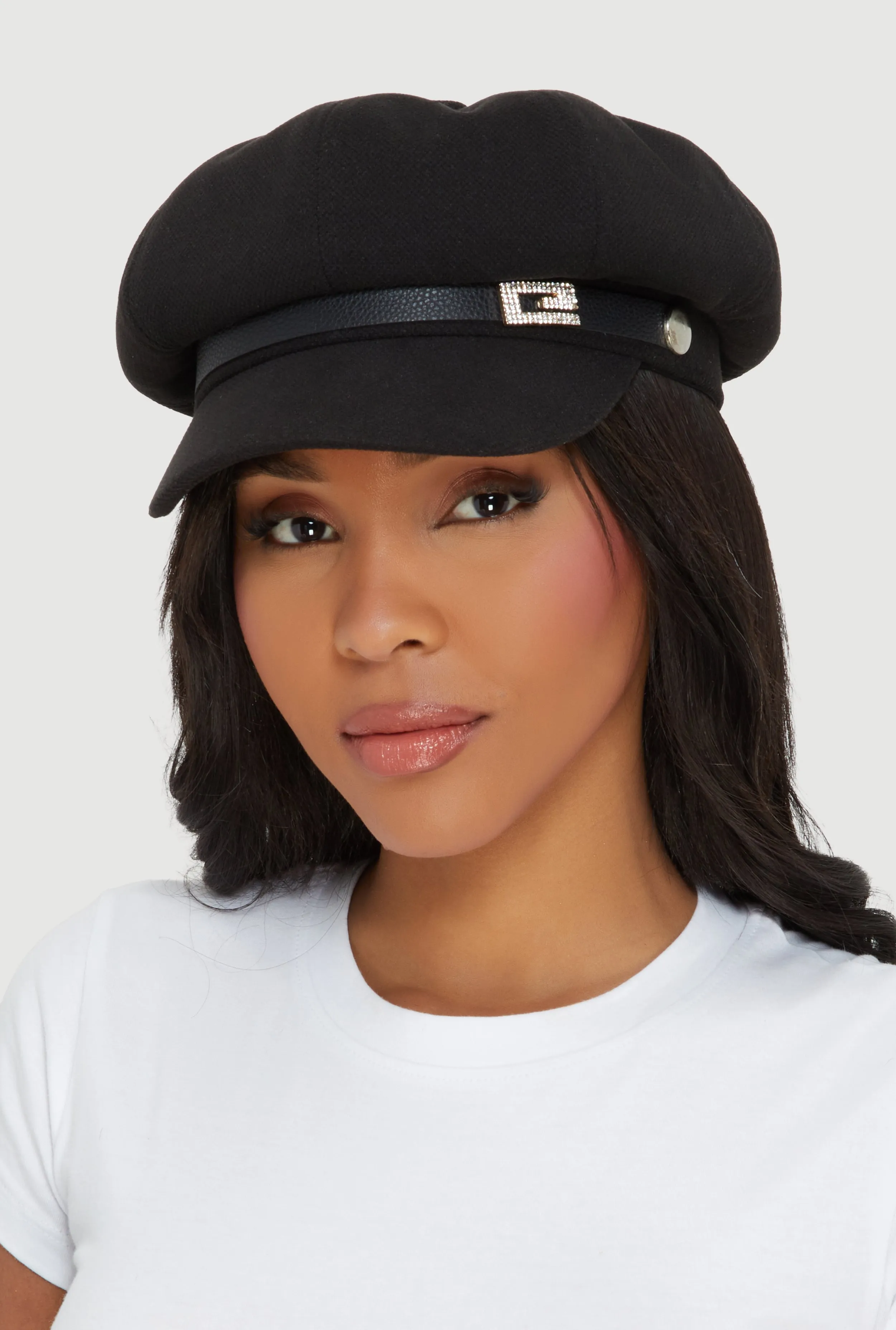 Rhinestone Pendant Faux Leather Trim Cabbie Hat sold by Rainbow product image thumbnail 2