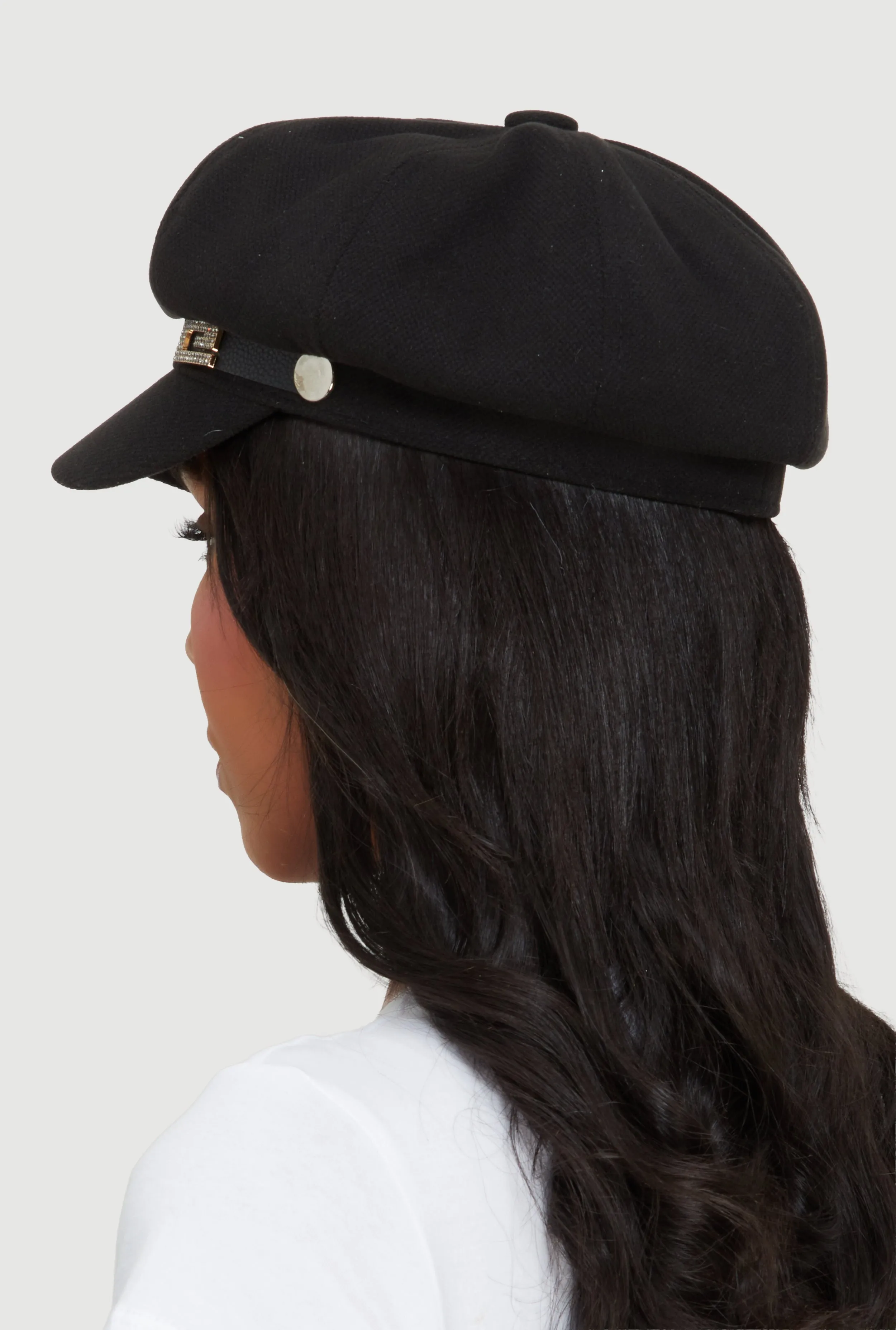 Rhinestone Pendant Faux Leather Trim Cabbie Hat sold by Rainbow product image thumbnail 3