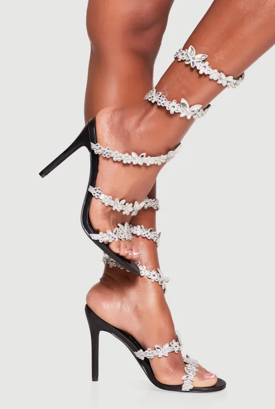 Rhinestone Floral Butterfly Spiral Wrap Around Heels sold by Rainbow