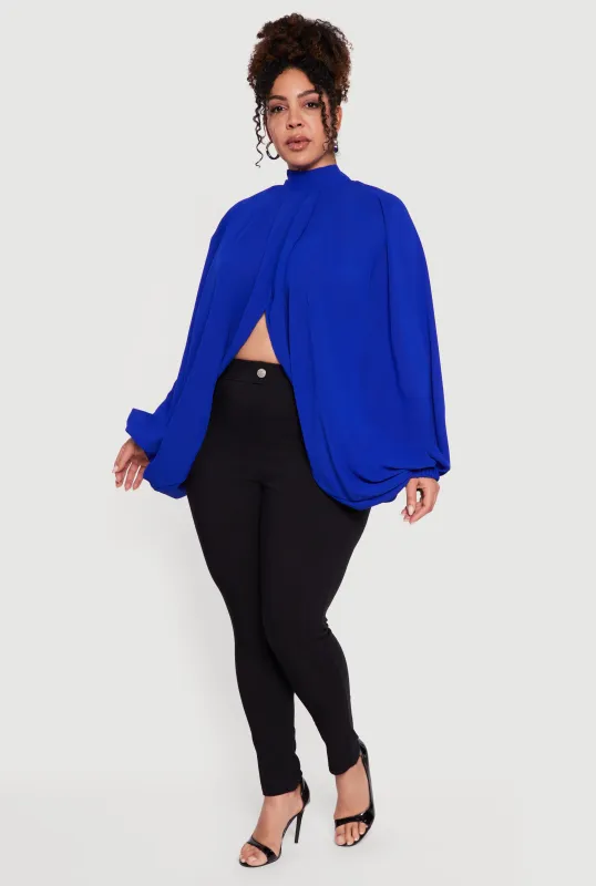 Plus Size Crepe Knit Balloon Sleeve Mock Neck Flyaway Blouse sold by Rainbow