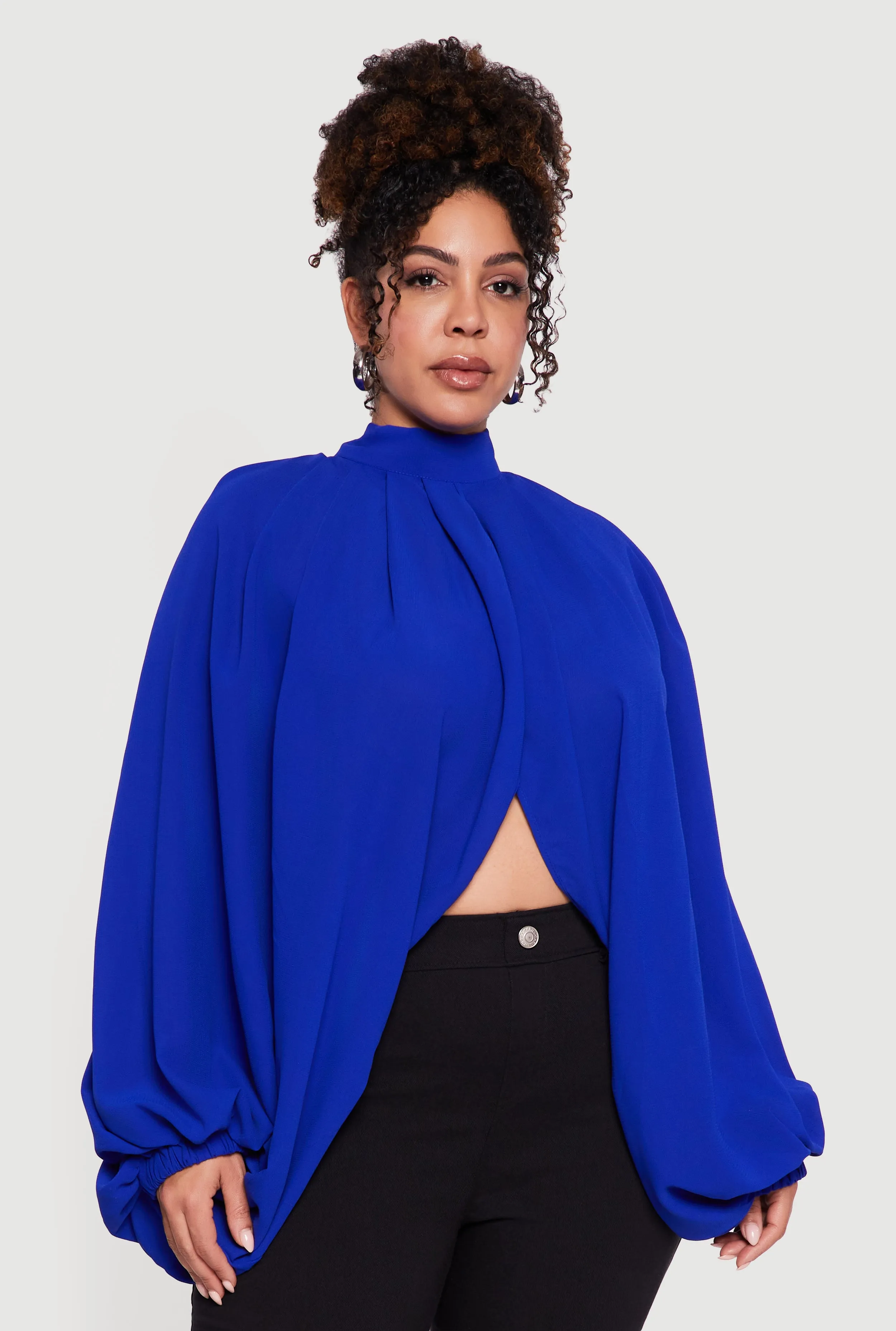 Plus Size Crepe Knit Balloon Sleeve Mock Neck Flyaway Blouse sold by Rainbow product image thumbnail 2