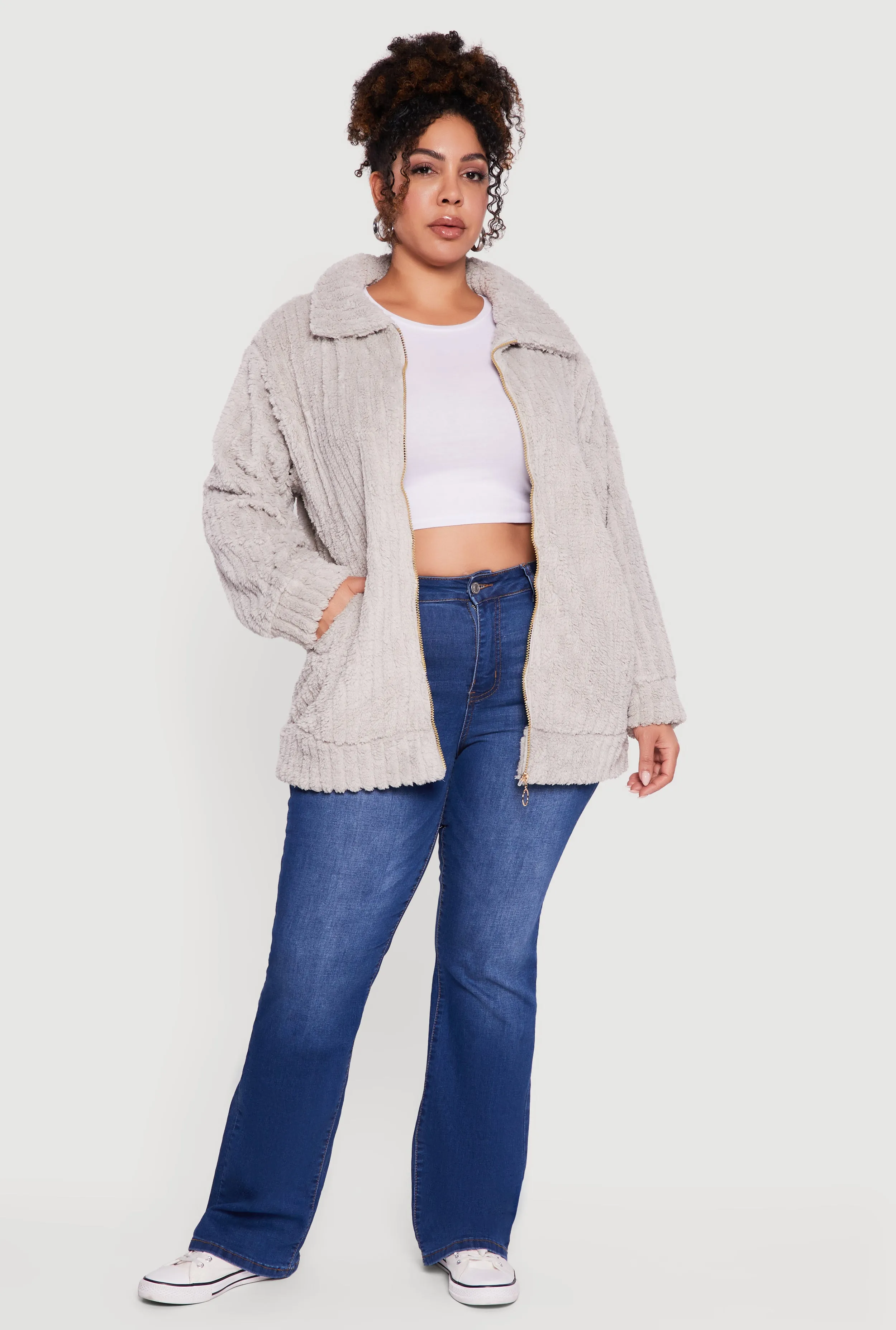 Plus Size Ribbed Sherpa Zip Front Jacket sold by Rainbow