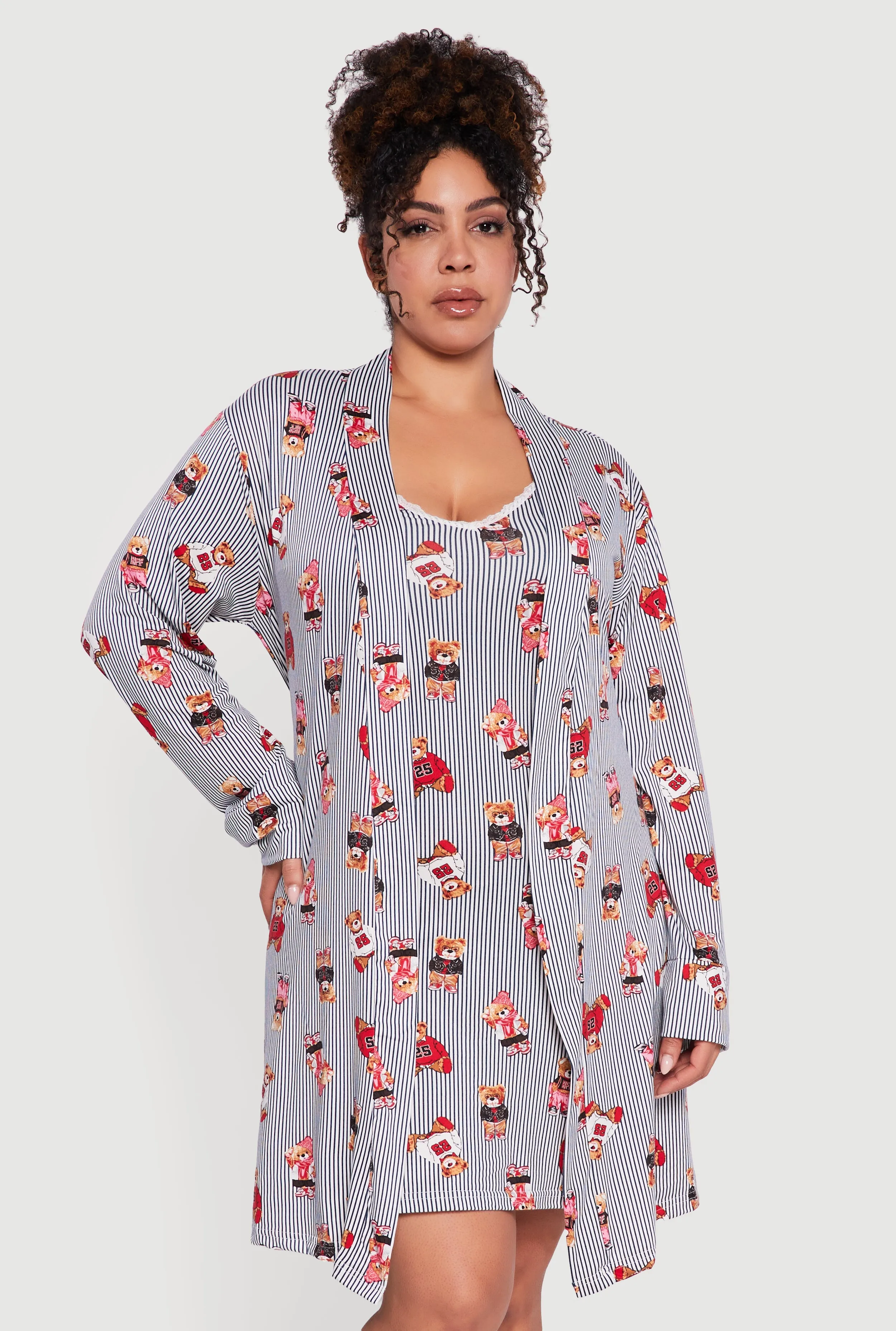 Plus Size Striped Bear Cami Nightgown with Robe sold by Rainbow
