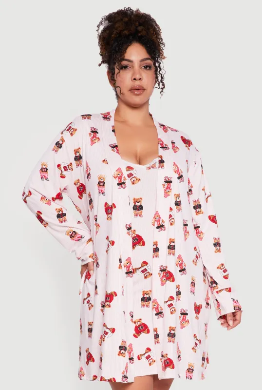 Plus Size Striped Bear Cami Nightgown with Robe sold by Rainbow