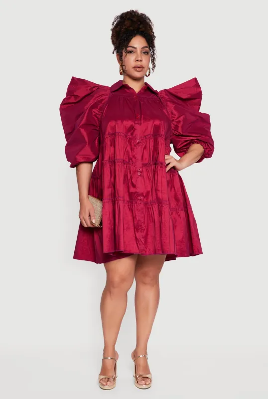 Plus Size Puff Sleeve Ruffle Tiered Button Front Shirt Dress sold by Rainbow