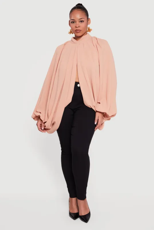 Plus Size Crepe Knit Balloon Sleeve Mock Neck Flyaway Blouse sold by Rainbow