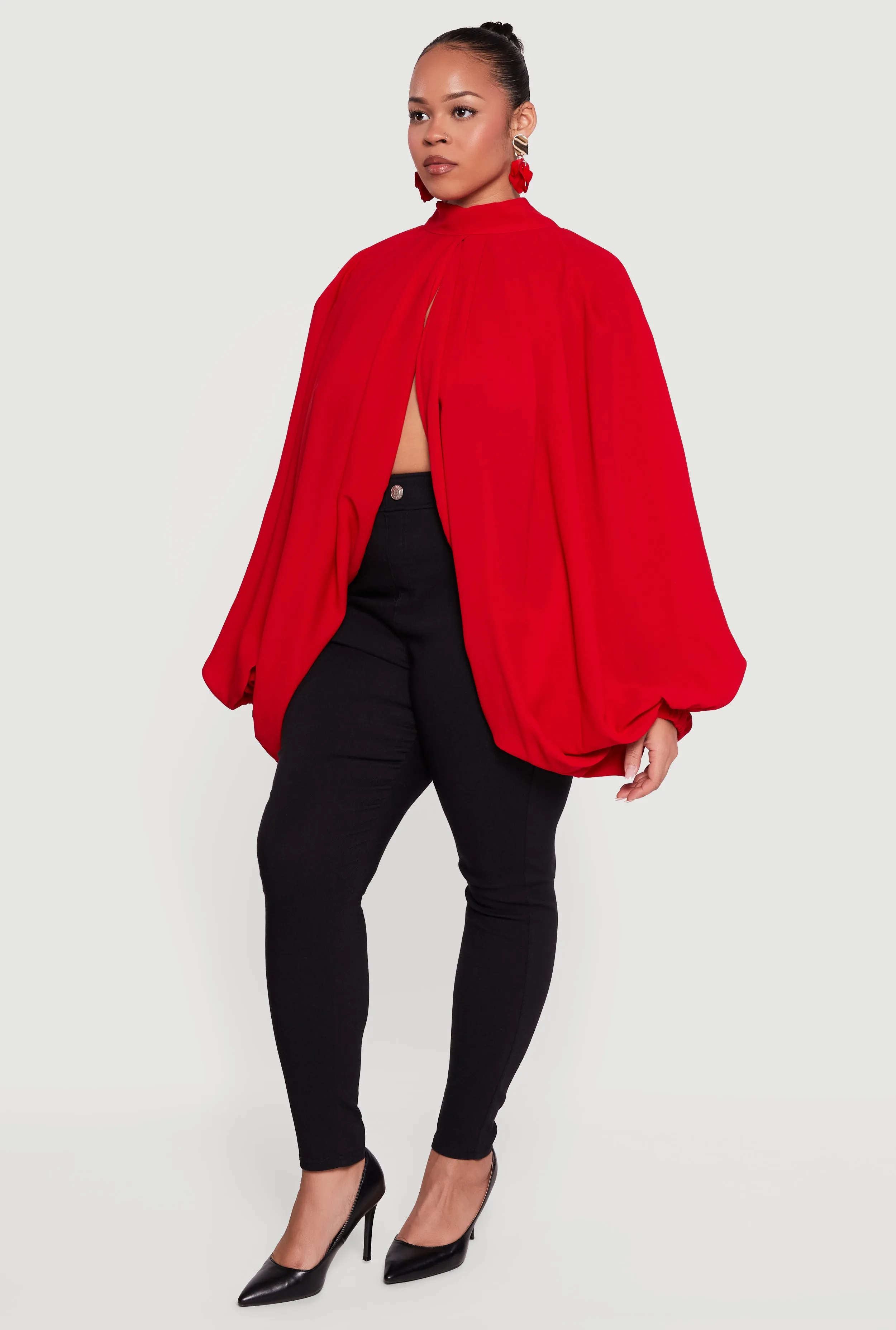 Plus Size Crepe Knit Balloon Sleeve Mock Neck Flyaway Blouse sold by Rainbow product image thumbnail 3