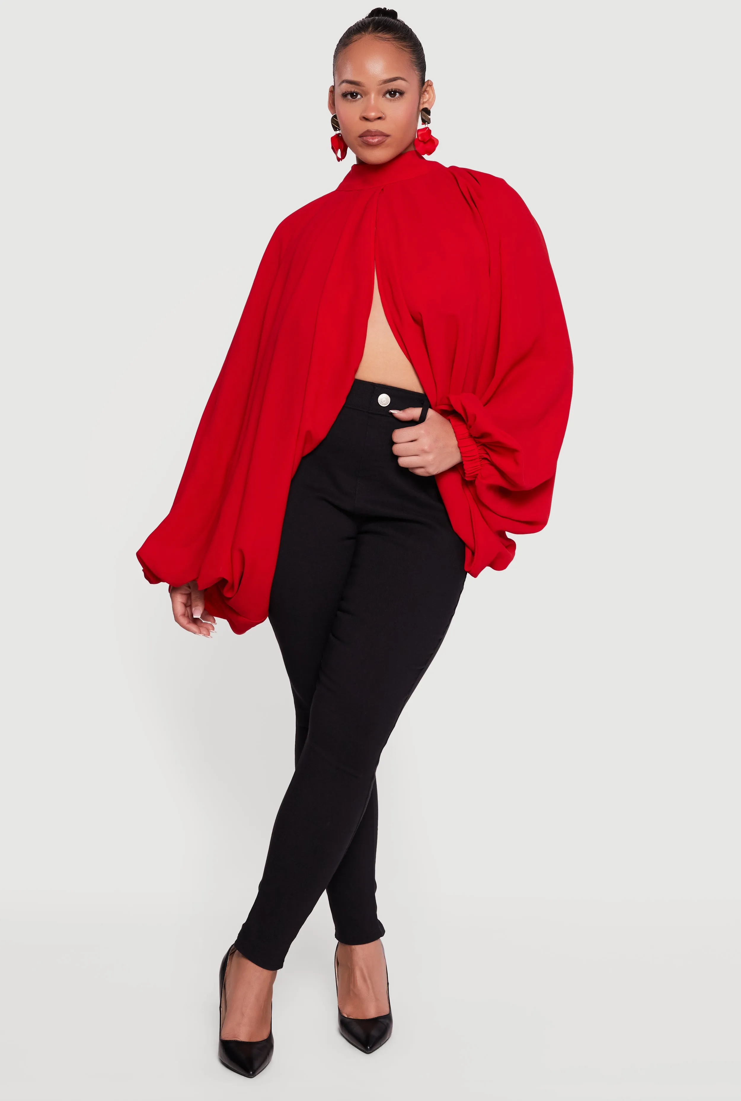 Plus Size Crepe Knit Balloon Sleeve Mock Neck Flyaway Blouse sold by Rainbow