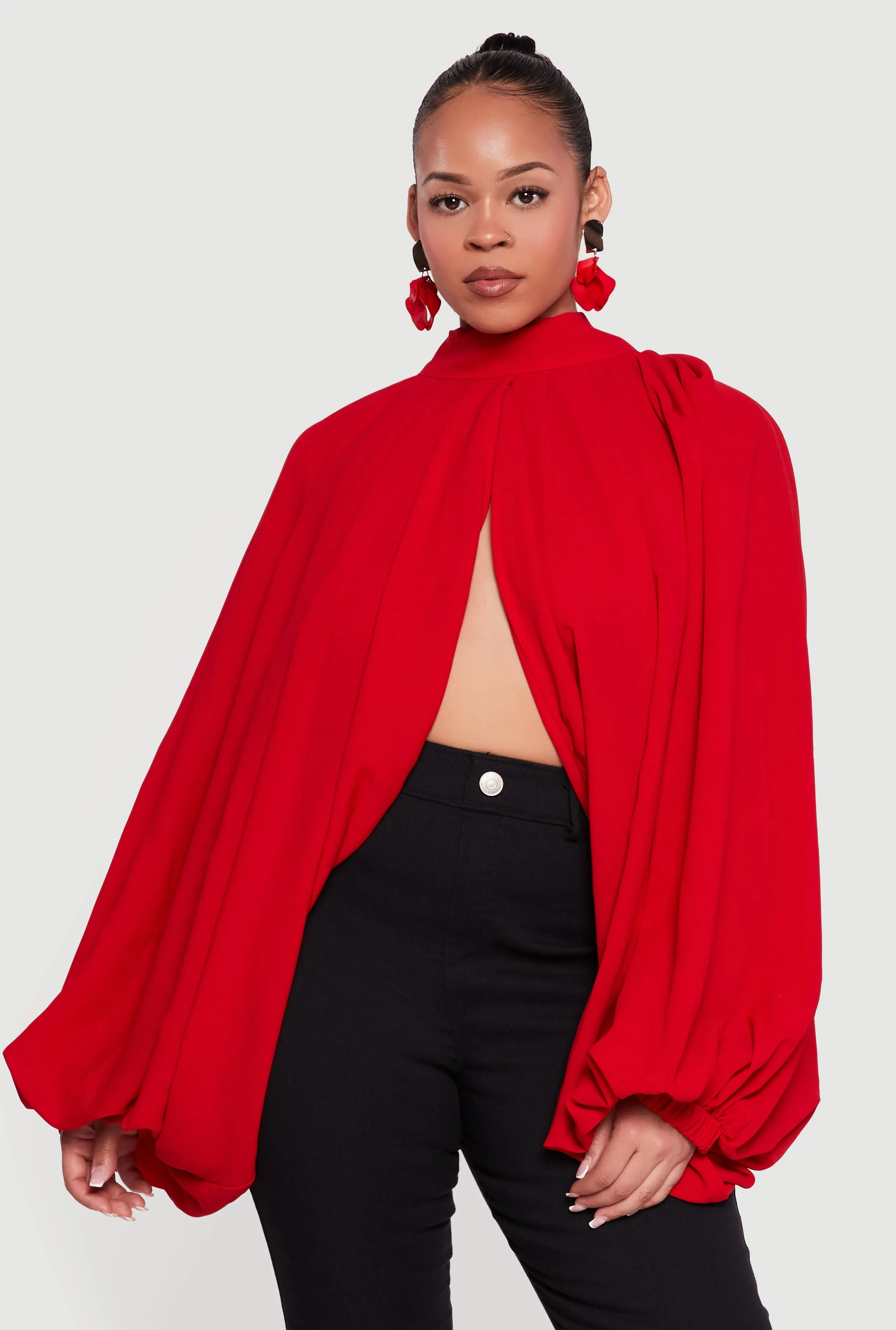 Plus Size Crepe Knit Balloon Sleeve Mock Neck Flyaway Blouse sold by Rainbow product image thumbnail 2