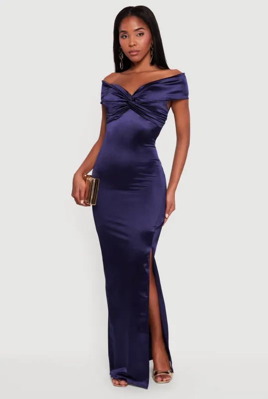 Twist Front Side Slit Satin Maxi Dress sold by Rainbow