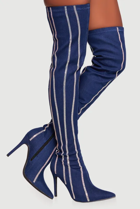 Rhinestone Striped Denim Thigh High Stiletto Boots sold by Rainbow