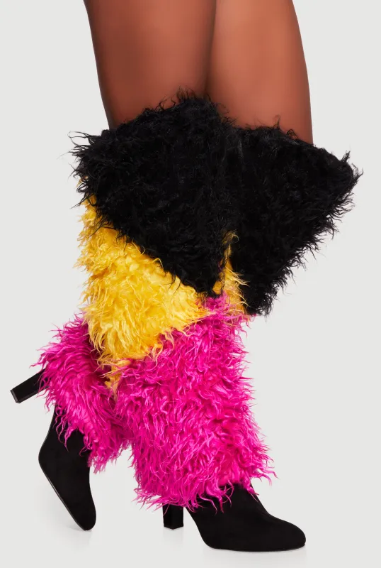 Color Blocked Shaggy Faux Fur Knee High High Heels sold by Rainbow
