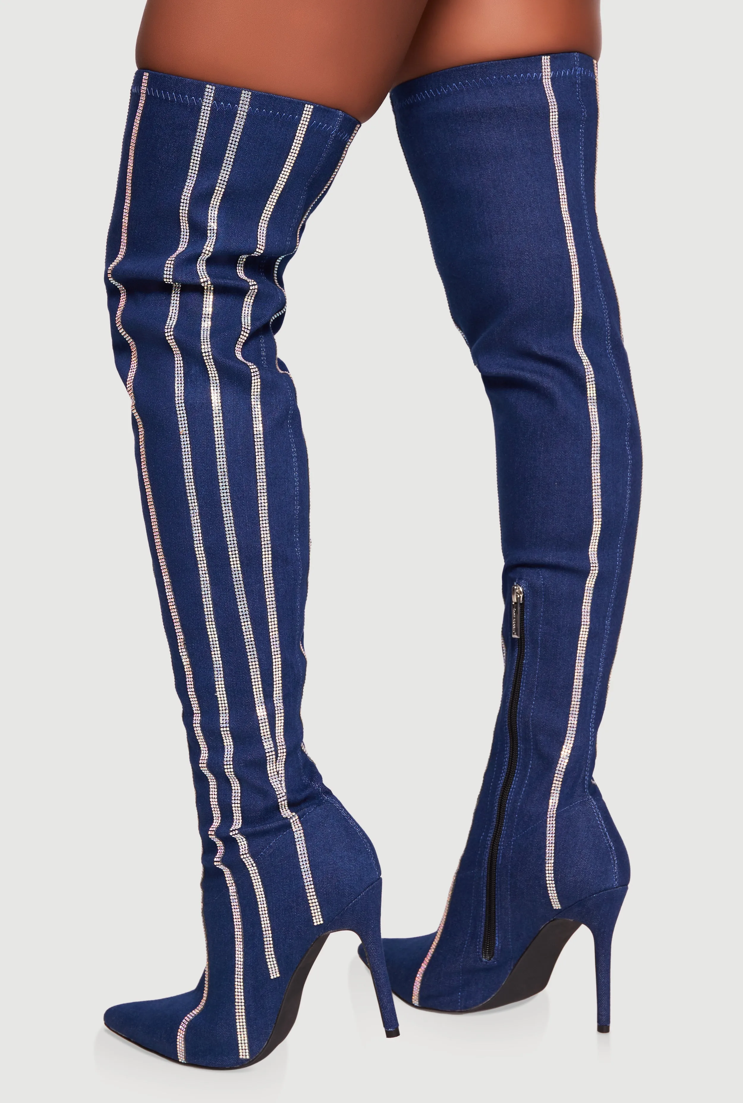 Rhinestone Striped Denim Thigh High Stiletto Boots sold by Rainbow product image thumbnail 3