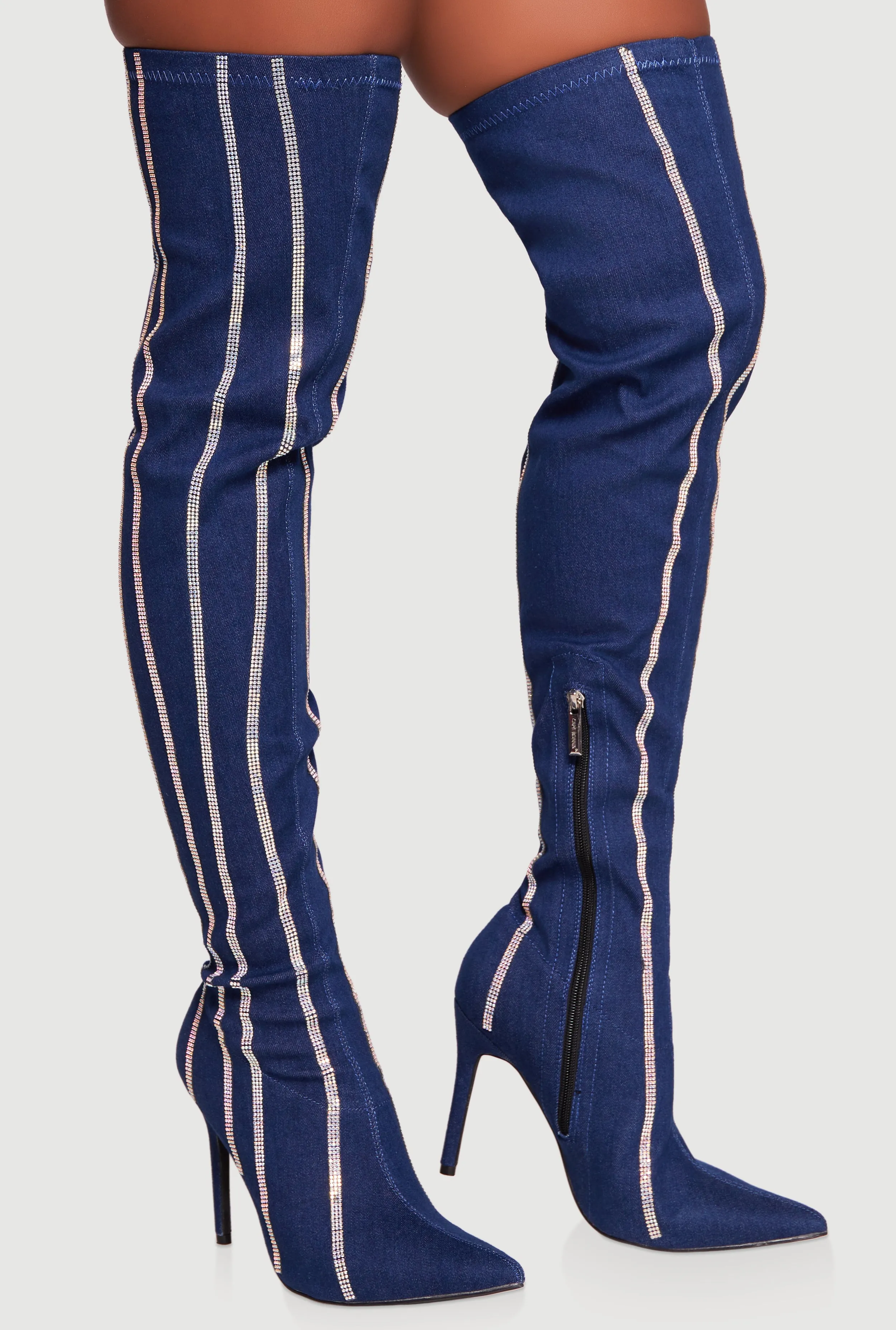 Rhinestone Striped Denim Thigh High Stiletto Boots sold by Rainbow product image thumbnail 2
