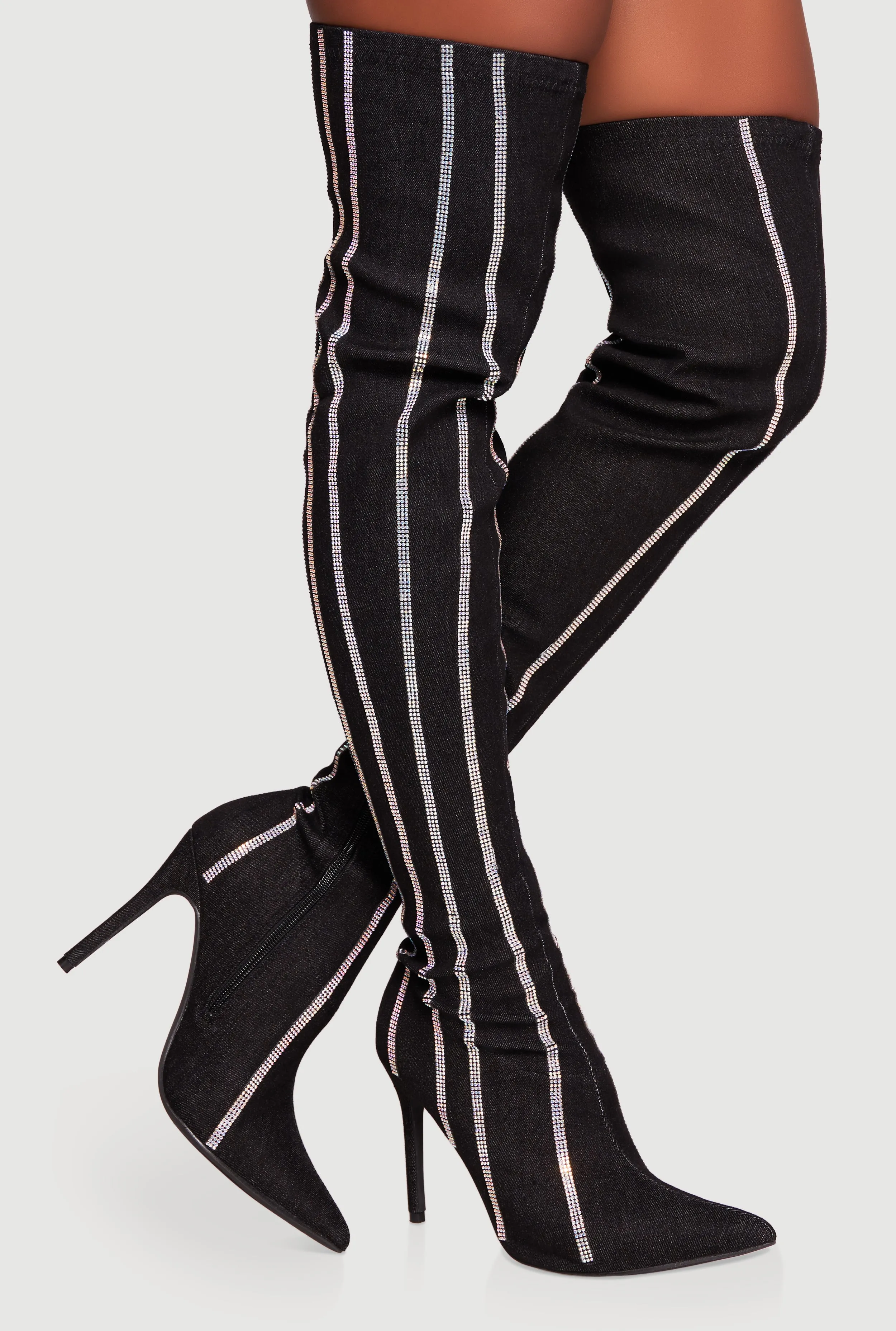 Rhinestone Striped Denim Thigh High Stiletto Boots sold by Rainbow