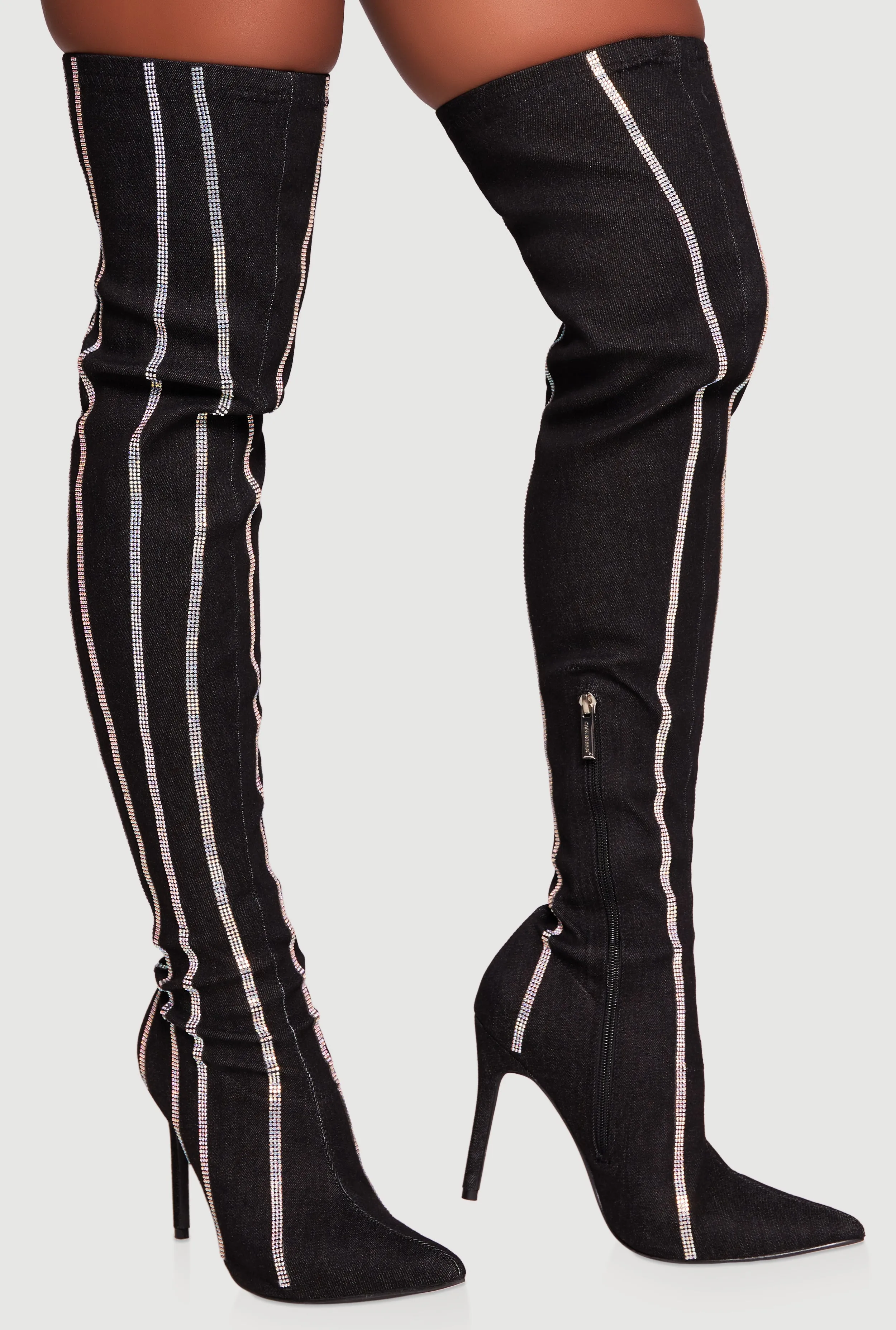 Rhinestone Striped Denim Thigh High Stiletto Boots sold by Rainbow product image thumbnail 2