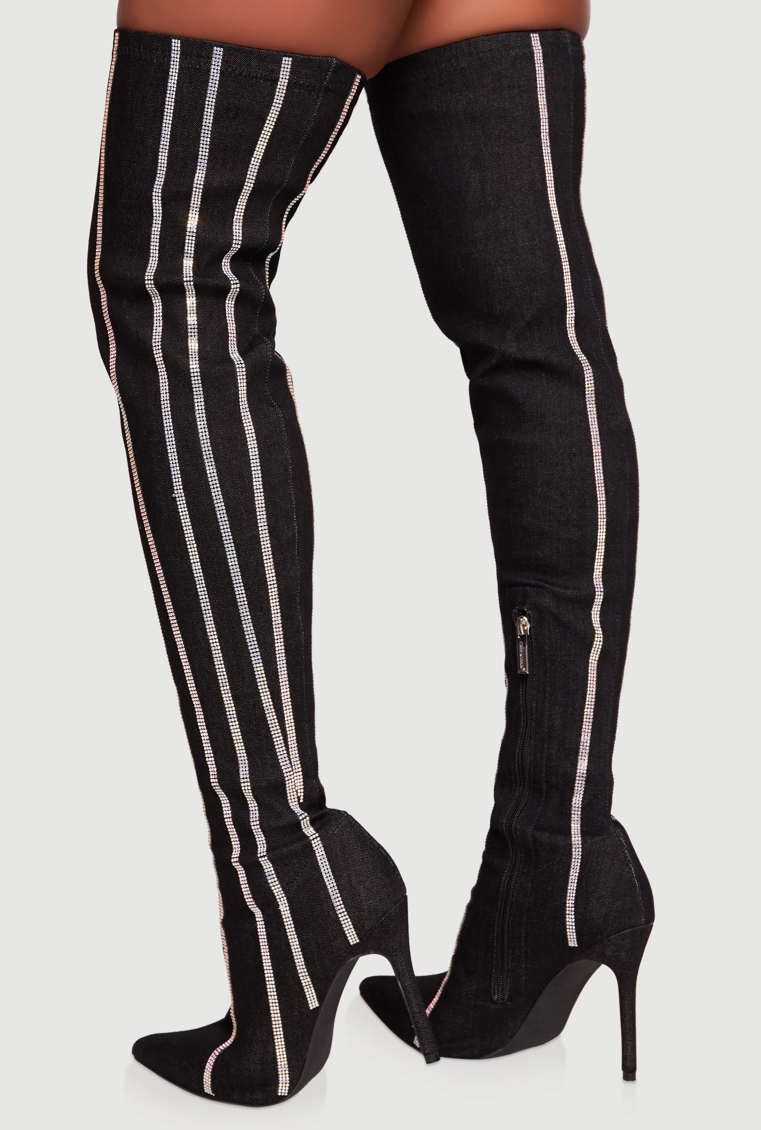 Rhinestone Striped Denim Thigh High Stiletto Boots sold by Rainbow product image thumbnail 3