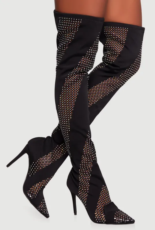 Rhinestone Chevron Cutout Thigh High Boots sold by Rainbow