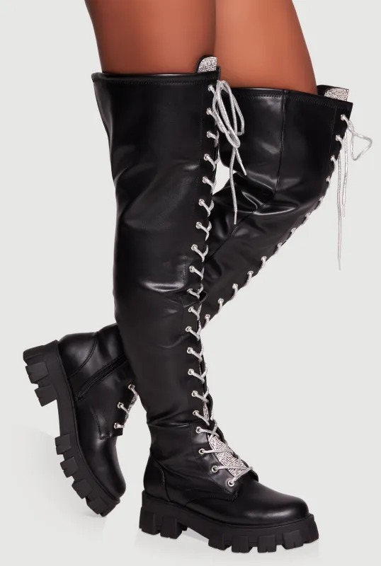 Rhinestone Detail Faux Leather Over The Knee Lug Sole Boots sold by Rainbow