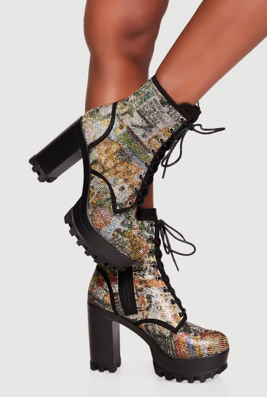 Rhinestone Patterned Lug Sole Platform Booties sold by Rainbow