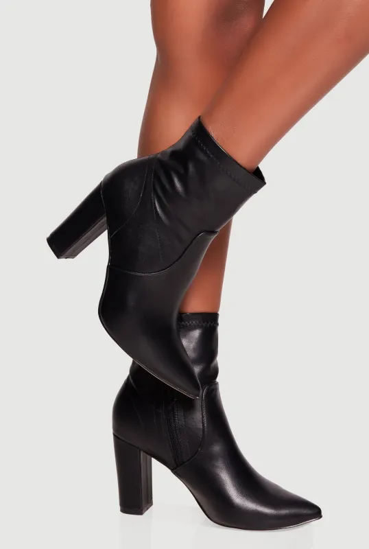Pointy Toe Block Heel Faux Leather Ankle Booties made by Rainbow